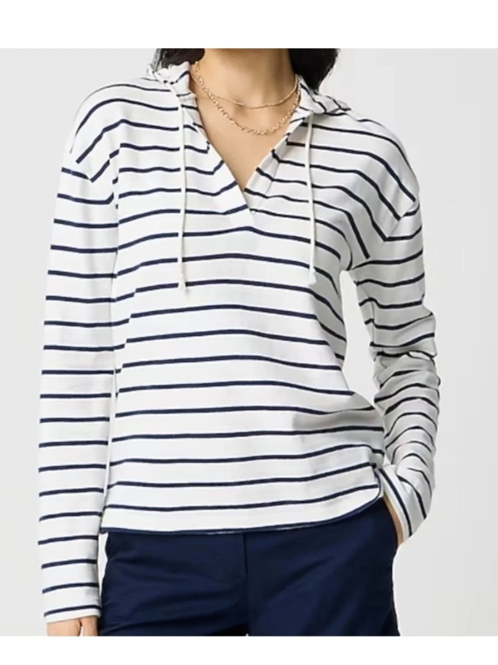 J. Crew Navy White Striped V-Neck Pullover Cotton Sweater Hoodie XL Relaxed NWT